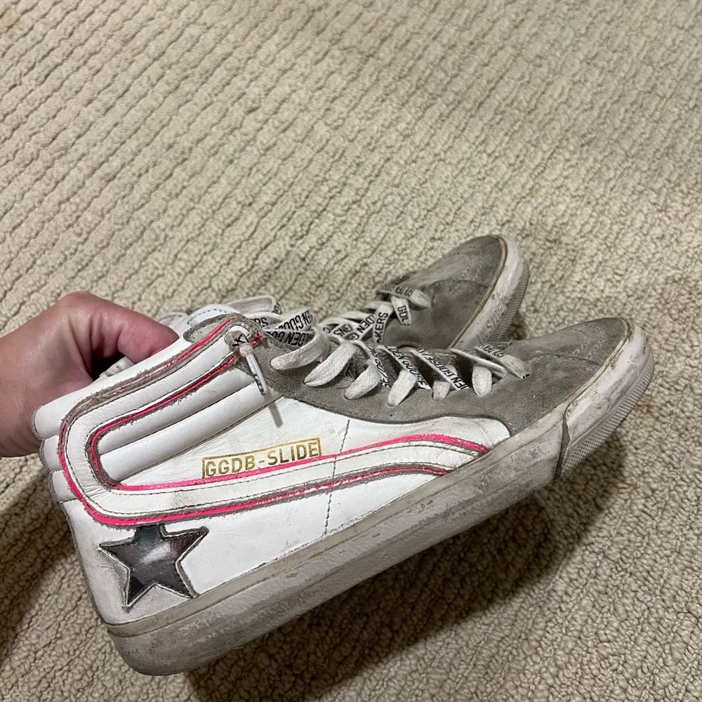High top golden goose with hot pink stripe
